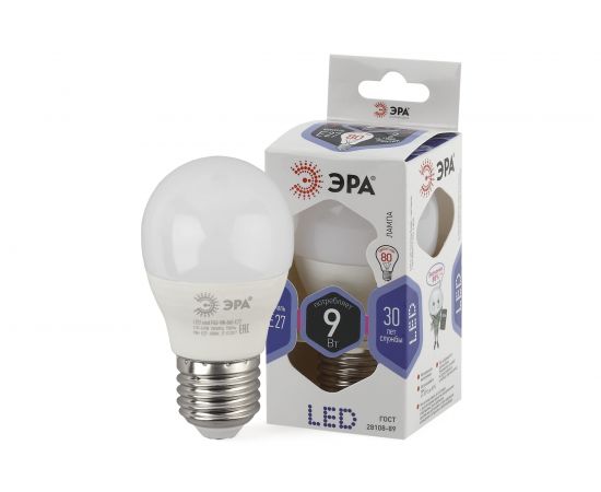 Светодиодная лампа ЭРА LED P45-9W-860-E27 диод, шар, хол Б0031412 – изображение 2