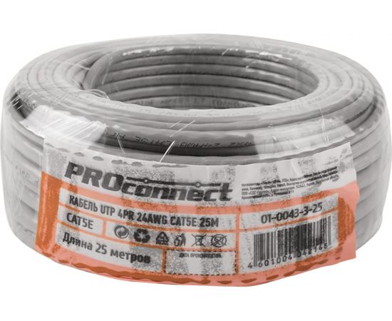 Кабель PROconnect UTP 4PR 24AWG, CCA, CAT5e, PVC, серый, бухта 25 м 01-0043-3-25 – изображение 4