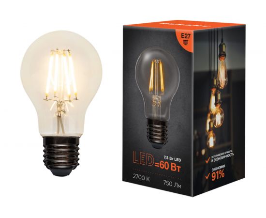 Филаментная лампа REXANT Груша А60 7.5 Вт 2700 K E27 604-148 