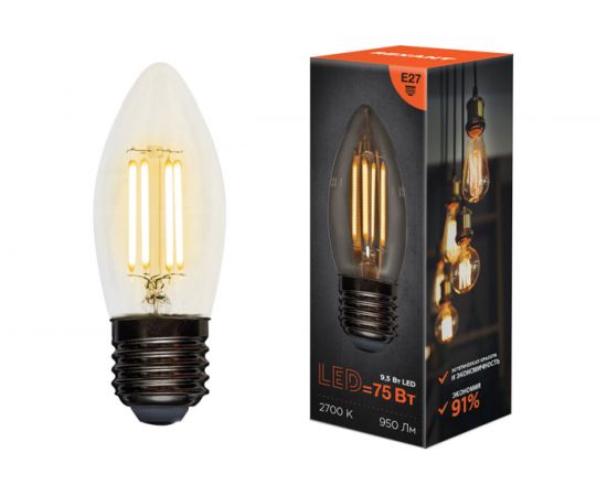 Филаментная лампа REXANT Свеча CN35 9.5 Вт 2700K E27 604-093 