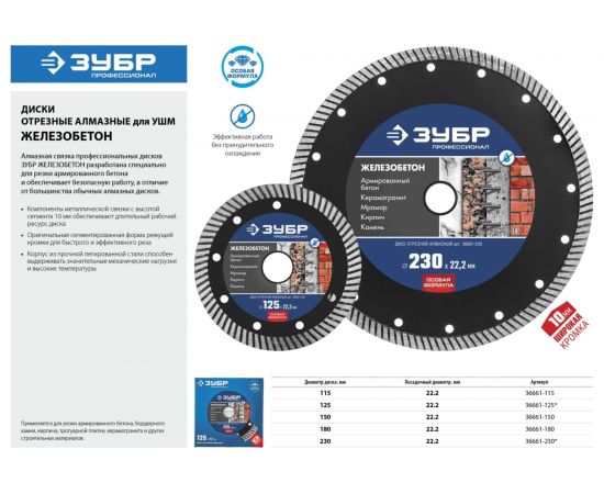 Диск отрезной алмазный ЖЕЛЕЗОБЕТОН Профессионал (115х22.2 мм) ЗУБР 36661-115 – изображение 6