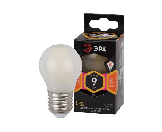 Филаментная лампа ЭРА FLED P45-9w-827-E27 frost, шар, матовая, 9 Вт, теплая, E27, 10/100/3600 Б0047024 – изображение 3
