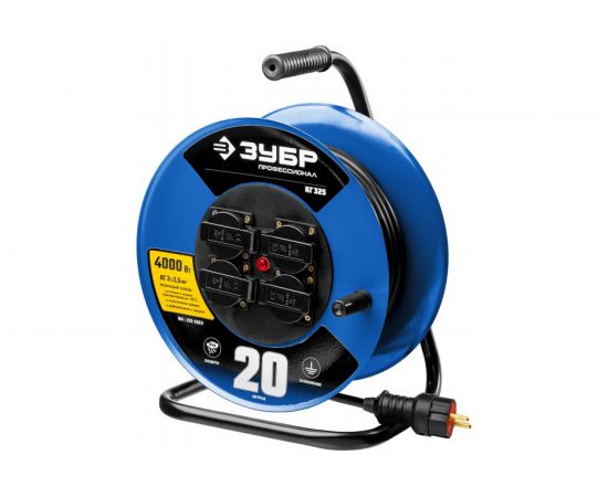 Удлинитель на катушке ЗУБР ""КГ 325"", 20 м, 4000 Вт, 4 гнезда, IP44, КГ 3х2,5 кв мм, 55079-20 