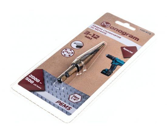 Сверло ступенчатое спиральное по металлу Special (3-12 мм; 10 ступеней; Р6М5) Monogram 100-975 – изображение 2