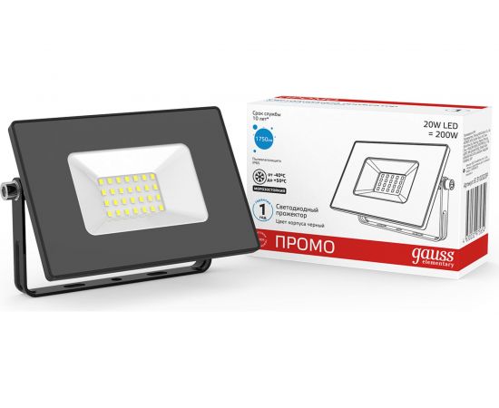 Светодиодный прожектор Gauss Elementary 20W 1320lm IP65 6500К черный ПРОМО 613100320P 