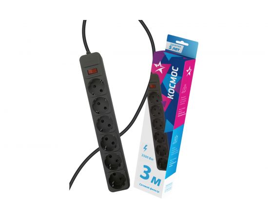 Сетевой фильтр КОСМОС 3м 6 гнезд, пвс 3x0,75мм2, черный FKsm3m-6g(B)16A 