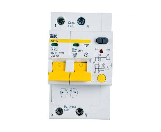 Дифференциальный автоматический выключатель тока IEK АД-12М C, 25A, 30mA, тип A, 4.5kA, 2п, 3.5 модуля MAD12-2-025-C-030 