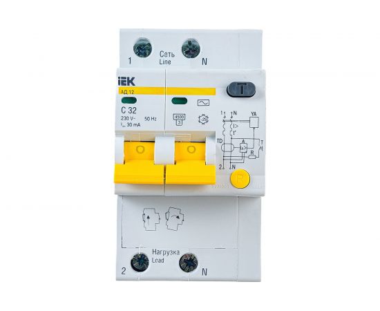 Автоматический выключатель дифференциального тока IEK 2п 3.5мод. C 32A 30mA тип AC 4.5kA АД-12 ИЭК MAD10-2-032-C-030 