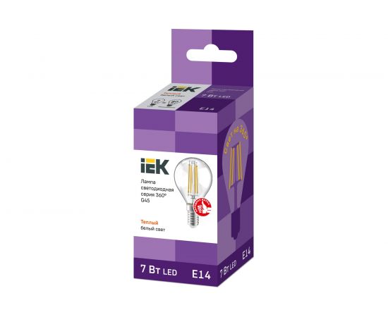 Лампа IEK серия 360, LED, G45, шар прозрачный, 7вт, 230В, 3000К, E14 LLF-G45-7-230-30-E14-CL – изображение 2