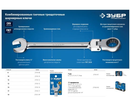 Комбинированный гаечный ключ трещоточный шарнирный Зубр ПРОФЕССИОНАЛ 27101-10 – изображение 4