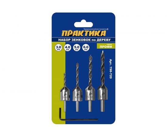 Набор зенковок по дереву 4 шт, сверла 3, 4, 5, 6 мм ПРАКТИКА 798-720 