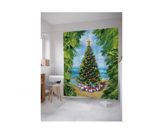 Штора (занавеска) для ванной JoyArty ""Ель на берегу моря"" из сатена, 180х200 см с крючками, sc_20056 