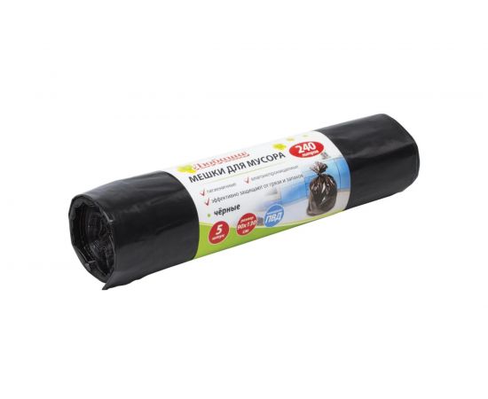 Мешки для мусора черные эконом (5 шт; 240 л; 90x130 см; 30 мкм; ПВД) ЛЮБАША 605338 