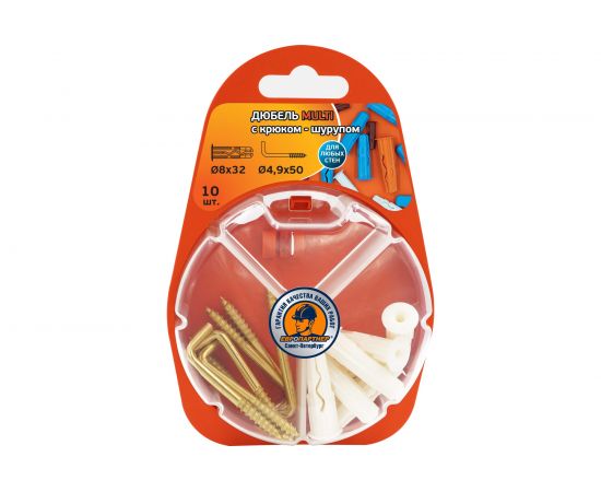Дюбель ЕВРОПАРТНЕР MULTI 8 + крюк-шуруп, L-образный, d4,9 х L50, латунный, 8 шт. RB2 0167 – изображение 2