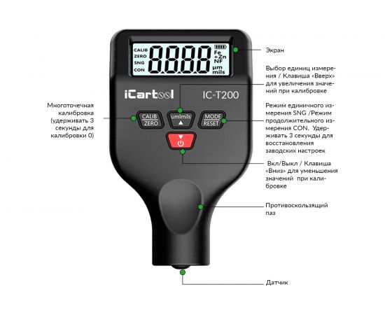 Толщиномер лакокрасочных покрытий iCartool nFe/Fe, точность 2,5%, макс.1500 мкм, подсветка дисплея IC-T200 – изображение 2