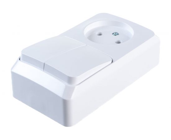 Блок 1-местная розетка + 2-клавишный выключатель Schneider Electric открытой проводки Этюд без заземления белый BPA16-205B – изображение 3