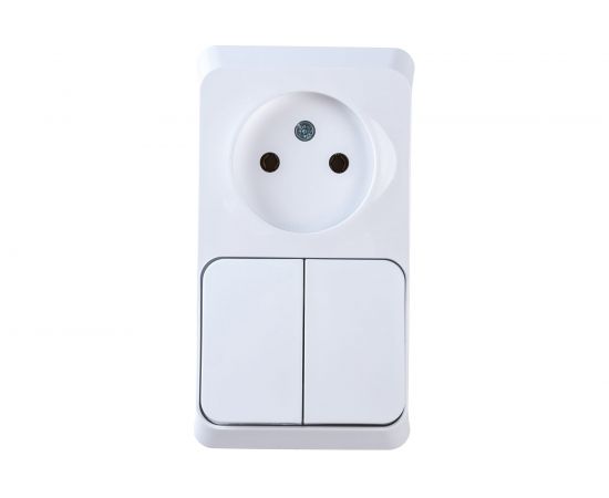 Блок 1-местная розетка + 2-клавишный выключатель Schneider Electric открытой проводки Этюд без заземления белый BPA16-205B – изображение 4