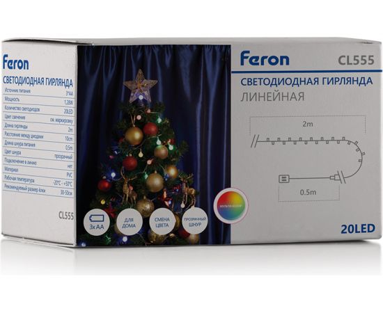 Гирлянда FERON 4.5V 20 LED мульти, 1.28W, 42mA, длина 2 м, батарейки 3*АА, IP20, шнур 0,5 м 0.12мм, 26762 – изображение 5