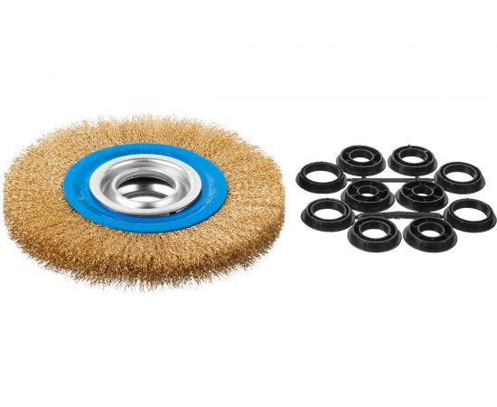 Щетка дисковая ПРОФЕССИОНАЛ (150х32 мм; 0.3 мм; витая стальная латунированная проволока) для точильно-шлифовального станка Зубр 35186-150_z01 