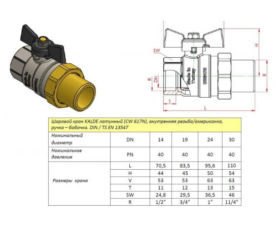 Шаровой кран с полусгоном американкой KALDE 3/4, ручка бабочка 0KV4833 – изображение 6