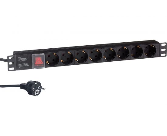 Блок розеток ExeGate ServerPro PDU-19H804 Al-8S-EU2.5CU-SW, 19, 1U, алюминий, 8Schuko, евро, 2.5м 280843 