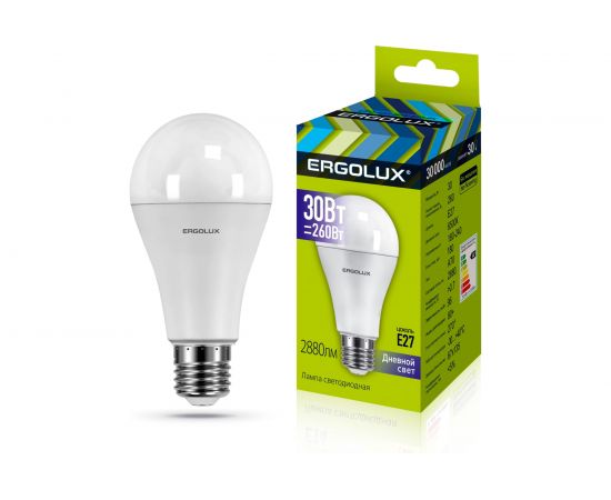Светодиодная лампа Ergolux LED-A70-30W-E27-6K ЛОН, 30Вт, E27, 6500K, 180-240В 14230 