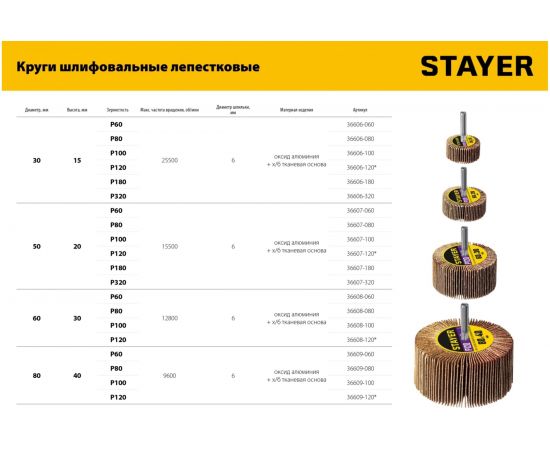 Круг шлифовальный лепестковый на шпильке STAYER P60, 60x30 мм 36608-060 – изображение 6