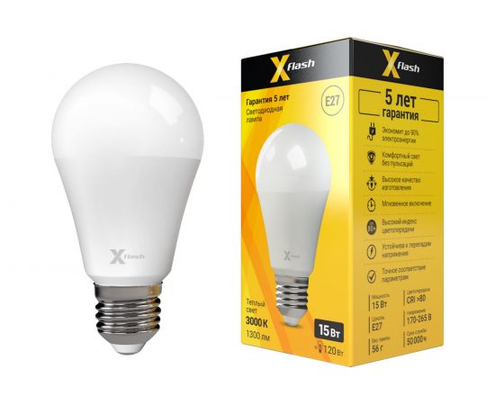 Светодиодная лампочка X-Flash XF-E27-A60-15W-3000K-230V артикул 48755 