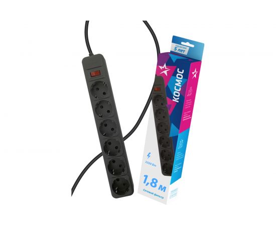 Сетевой фильтр КОСМОС 1,8м 6 гнезд, пвс 3x0,75мм2, черный FKsm1.8m-6g(B)16А 