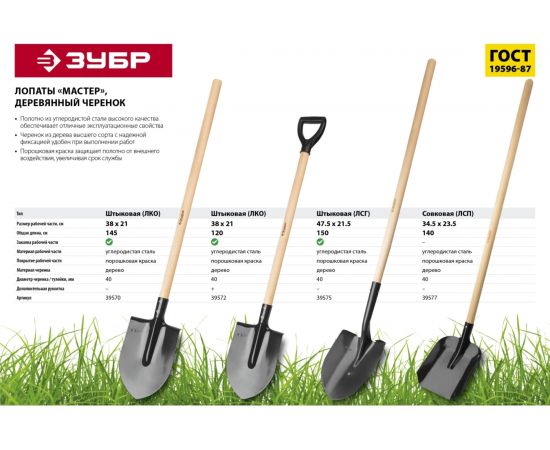 Штыковая лопата МАСТЕР ЛСГ для земляных работ, деревянный черенок, ЗУБР 39575 – изображение 5