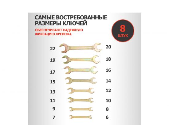 Набор рожковых ключей REXANT 6-22 мм, 8 шт желтый цинк 12-5844-2 – изображение 3