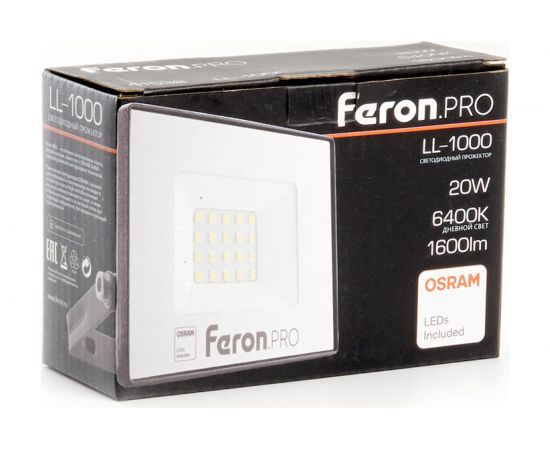 Светодиодный многоматричный прожектор FERON LL-1000, 20W, 6400К, 1600Lm, IP65, 20хOSRAM чёрный 41538 – изображение 4