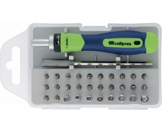 Реверсивная отвертка для точных работ с набором бит и торцевых головок СИБРТЕХ 32 предмета 13370 