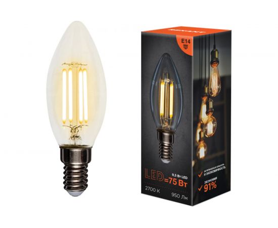 Филаментная лампа REXANT Свеча CN35 9.5 Вт 2700K E14 604-091 