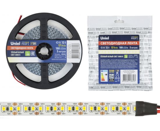 Светодиодная лента Uniel 2835-180LED/m-10mm-IP20-DC12V-17W/m-5M-3000K PROFI катушка в герметичной упаковке UL-00007639 – изображение 2