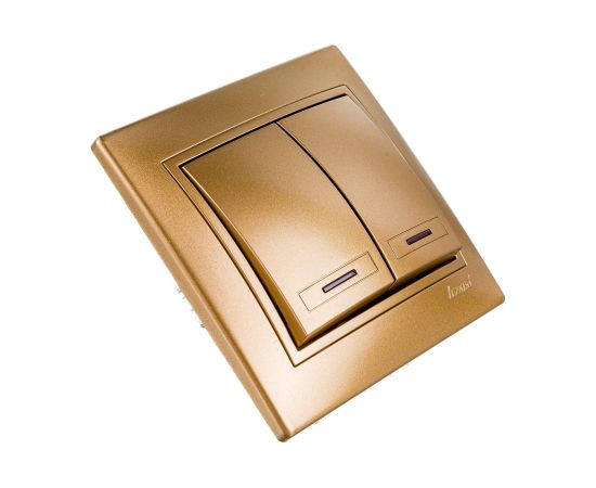 Выключатель Lezard, MIRA, двойной, с подсветкой, золотой металлик, со вставкой, 701-1313-112 – изображение 3