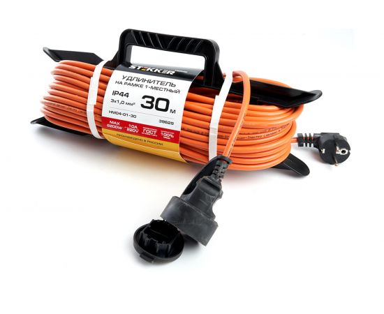 1-местный удлинитель-шнур на рамке STEKKER с заземлением HM04-01-30, 3х1,0мм2, 30м, 10А, Home, оранжевый 39629 