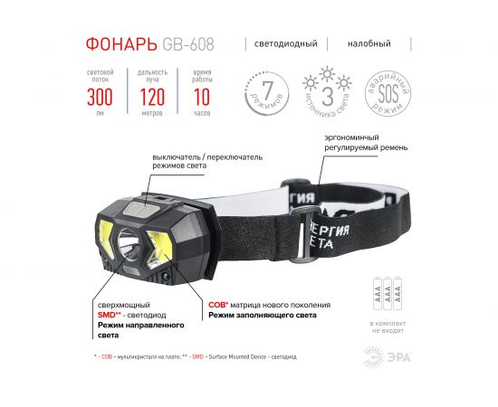 Налобный светодиодный фонарь ЭРА GB608 на батарейках, 3xAAA, 5Вт, 7 режимов, черный, Б0052319 – изображение 6