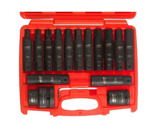 Набор ударных бит 3/4"" SPLINE Е18-24, TORX Т60-100, HEX Н17-24 с держателем 3/4"", 1"" 107 мм (16 предметов) JTC J616C – изображение 2