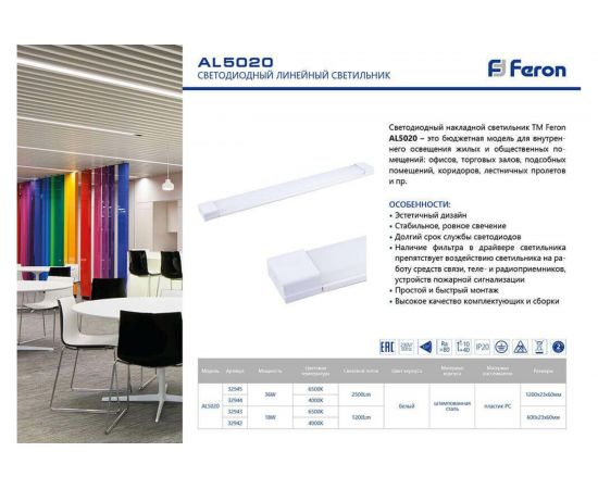 Светодиодный светильник FERON 4000K 18W, AL5020 32942 – изображение 2