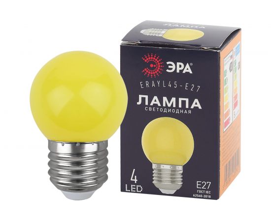 Светодиодная лампа для белтлайт ЭРА ERAYL45-E27 LED Р45-1W-E27 шар, желтый, 4SMD, 1W, E27, 10/100/6000 Б0049576 