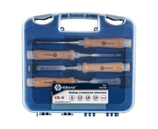 Набор плоских стамесок: 6, 12, 18, 24мм, длина 140мм, CR-V, деревянные рукоятки, точильный камень, 4шт, кейс КОБАЛЬТ 245-893 