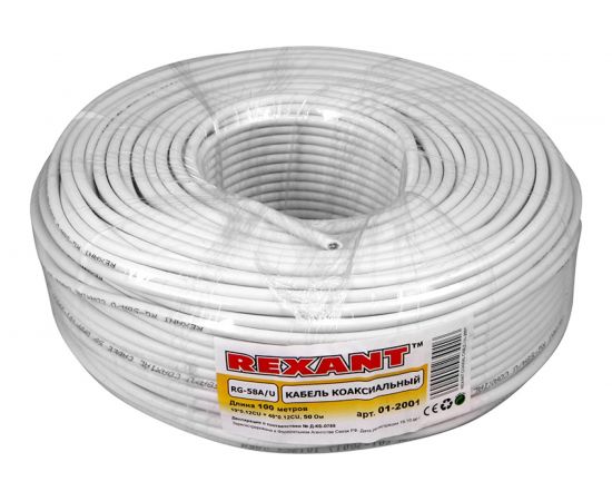 Коаксиальный кабель REXANT RG-58 A/U, 50 Ом, Cu/Al/Cu 64%, бухта 100 м, белый 01-2001 – изображение 2