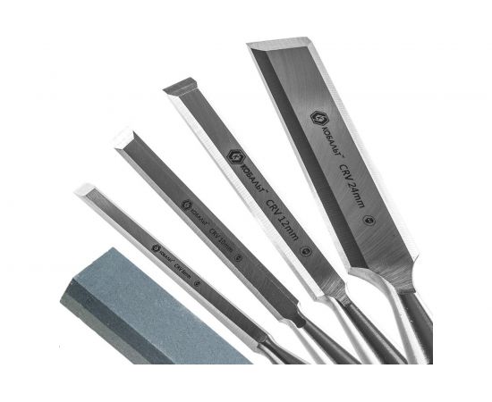 Набор плоских стамесок: 6, 12, 18, 24мм, длина 140мм, CR-V, деревянные рукоятки, точильный камень, 4шт, кейс КОБАЛЬТ 245-893 – изображение 3