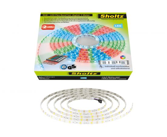 Светодиодная лента Sholtz 5м 36Вт 3000К IP65 RGB, набор: адаптер 4А 12В, пульт ДУ 12В LSR5101 