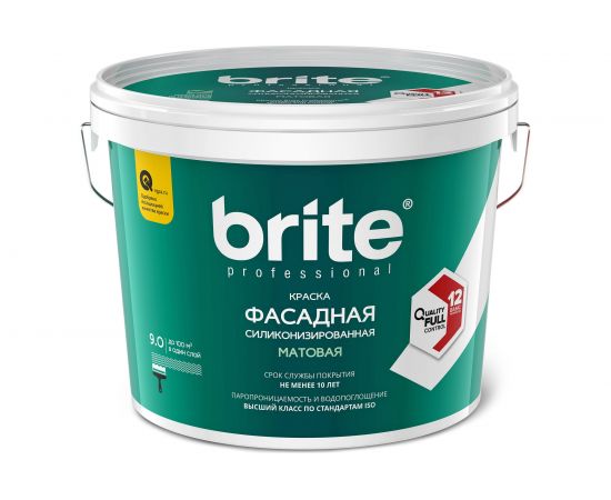 Фасадная краска с силиконом BRITE PROFESSIONAL долговечная, атмосферостойкая, матовая, белая (База А), ведро 9 л О02230 