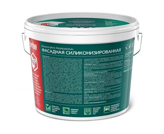 Фасадная краска с силиконом BRITE PROFESSIONAL долговечная, атмосферостойкая, матовая, белая (База А), ведро 9 л О02230 – изображение 2