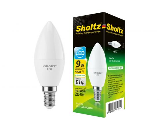 Светодиодная лампа Sholtz свеча 9Вт E14 4000К C37 220-240В, пластик LEC3128 – изображение 2