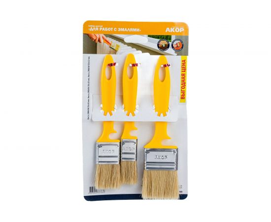 Набор кистей для работ с эмалями Акор натуральная щетина, 25х10, 35х10, 50х12мм КЭ 3 шт 