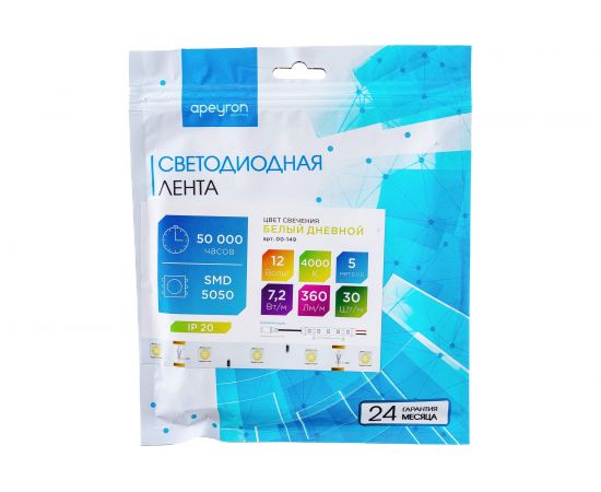 Светодиодная лента Apeyron 12В, 7,2Вт/м, smd5050, 30д/м, IP20, 360Лм/м, ширина подложки 10мм, 5м/00-149 